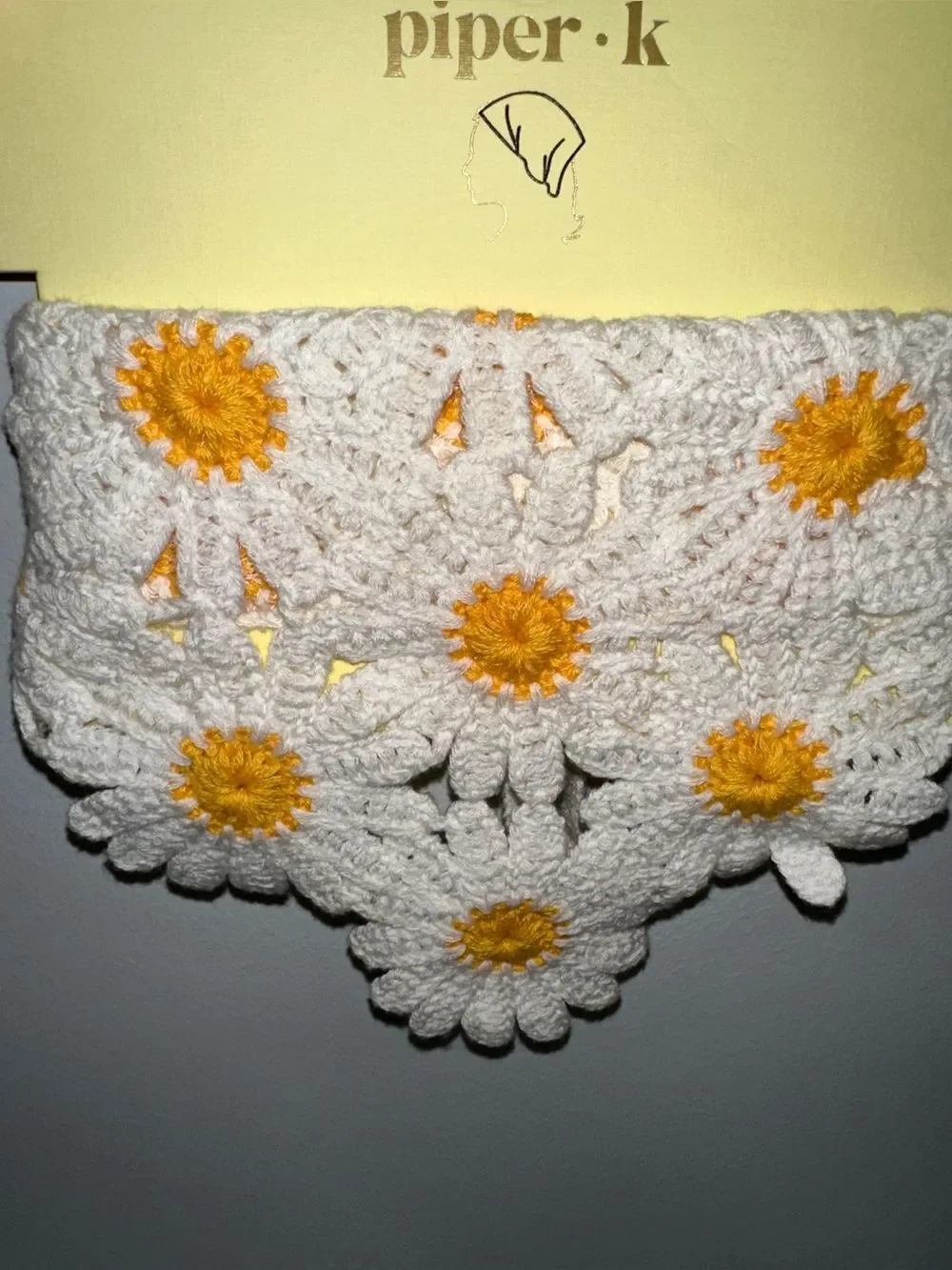 piper•k White Gold Crochet Floral Daisy Triangle Bandana Scarf